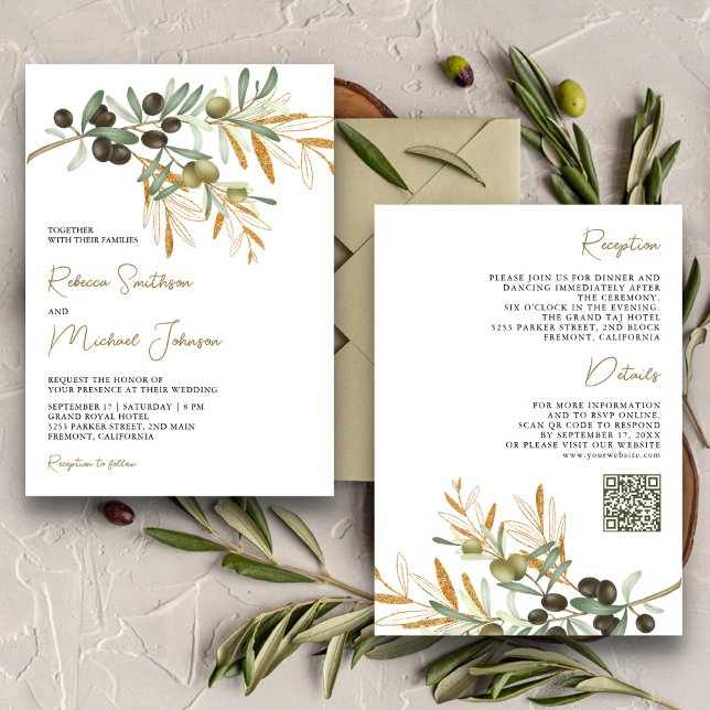 Invitación Bodas de código QR hojas de olivo rústicas todo en (Subido por el creador)