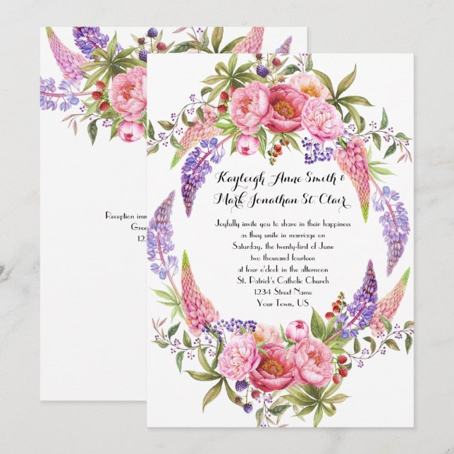 Invitación Bodas de color acuático Pink Purple Lupines Peonie (Anverso / Reverso)