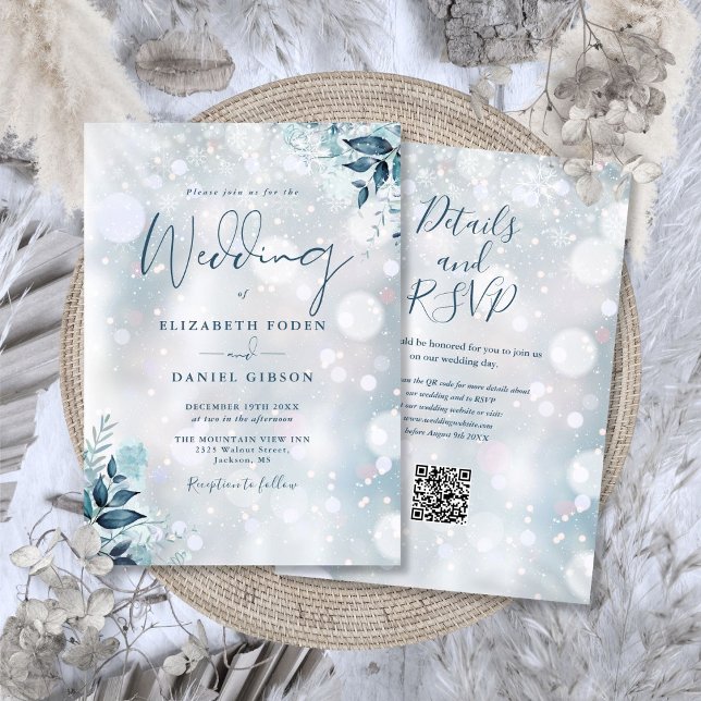 Invitación Bodas de copo de nieve floral de invierno con códi (Winter Floral Snowflakes QR Code Wedding Invitation)