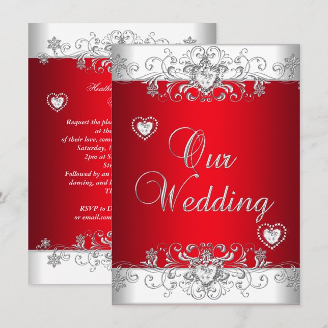 Invitación Bodas de Corazón de Diamante Plateado Rojo Real (Anverso / Reverso)