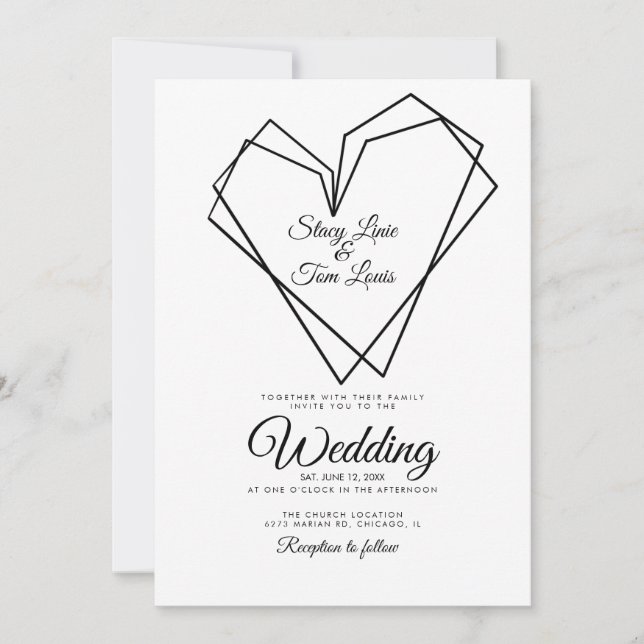 Invitación Bodas de Corazones Dobles Geométricos Modernos Neg (Anverso)