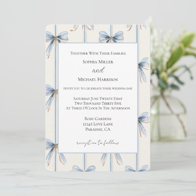Invitación Bodas de Crema con Lazos Azules (Anverso de pie)