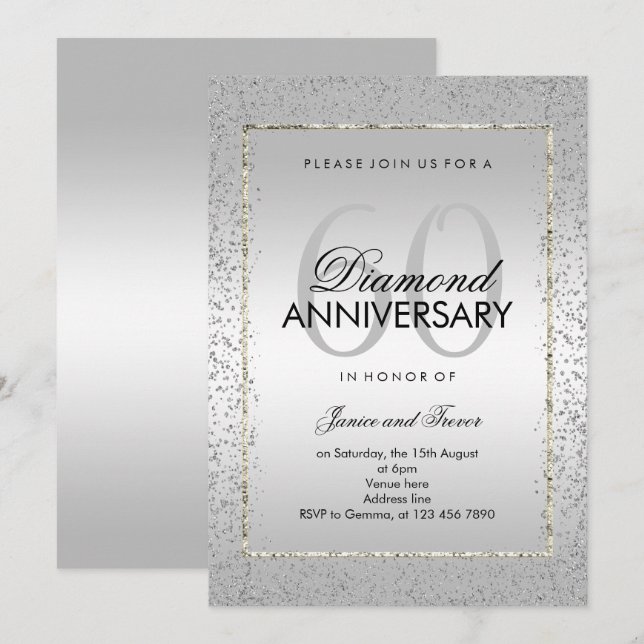 Invitación Bodas de Diamante 60 Cumpleaños Estilo Plata Confe (Anverso / Reverso)