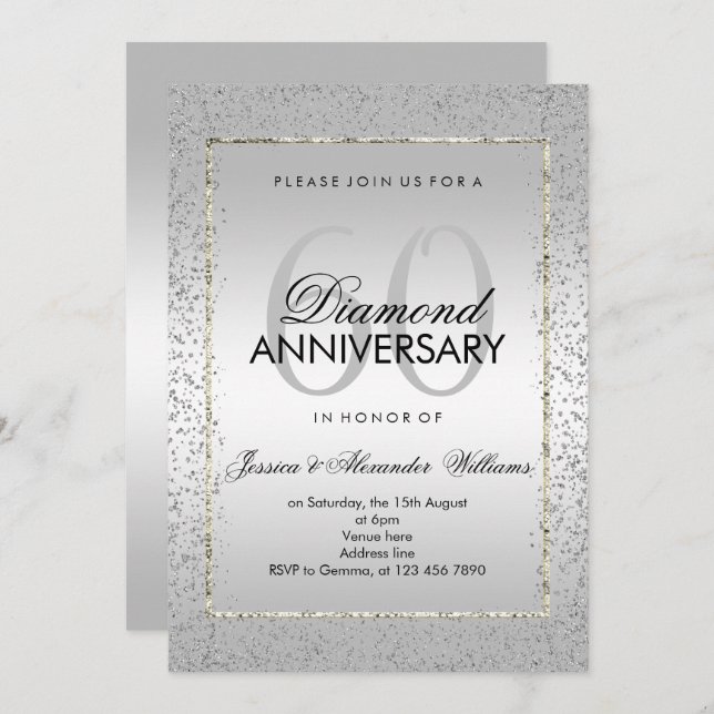 Invitación Bodas de Diamante de Plata con Confeti 60 Cumpleañ (Anverso / Reverso)