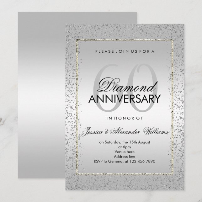 Invitación Bodas de Diamante de Plata con Confeti para 60 Ani (Anverso / Reverso)