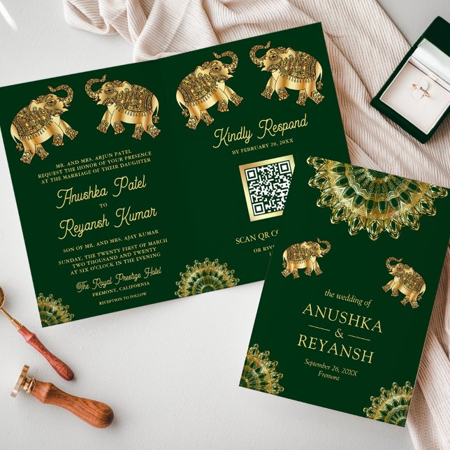 Invitación Bodas de elefantes étnicos indios código QR oro ve (Subido por el creador)