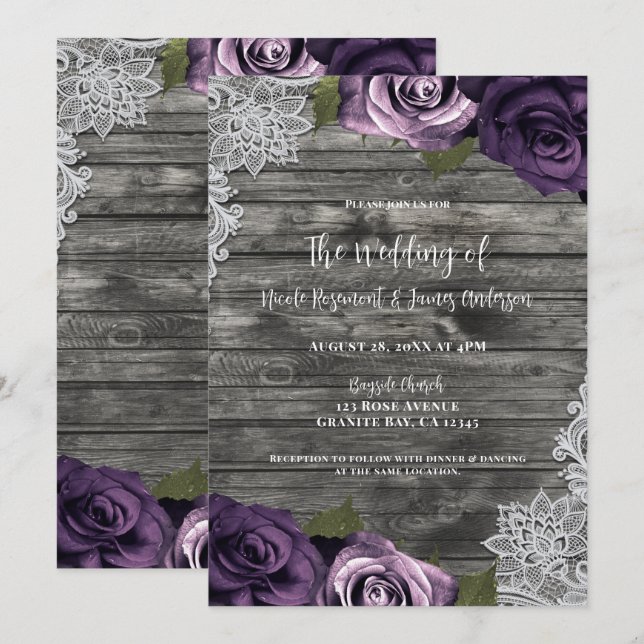 Invitación Bodas de Encaje Blanco Rústico Rosas Grises de Dee (Anverso / Reverso)