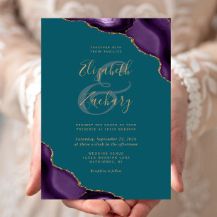 Invitación Bodas de Esquina de Ágata Dorada Púrpura Verde Tea