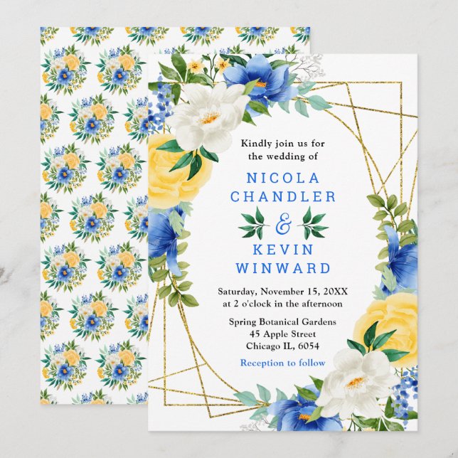 Invitación Bodas de flores azules y amarillas con follaje (Anverso / Reverso)