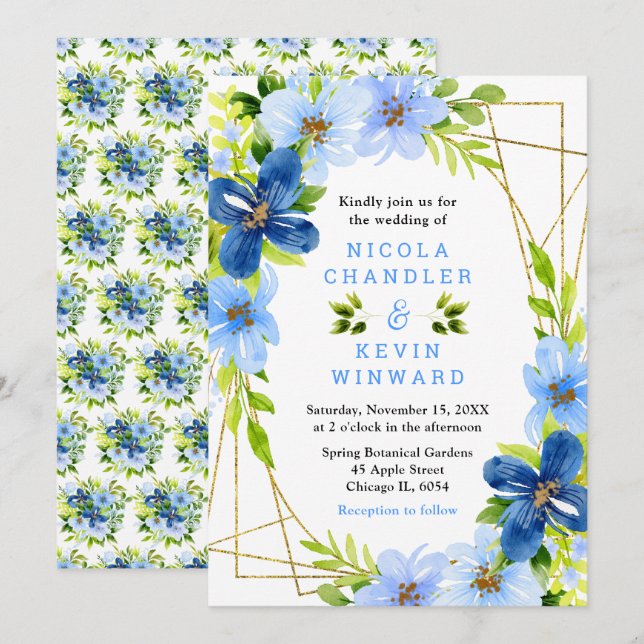 Invitación Bodas de flores azules y marinas con follaje (Anverso / Reverso)
