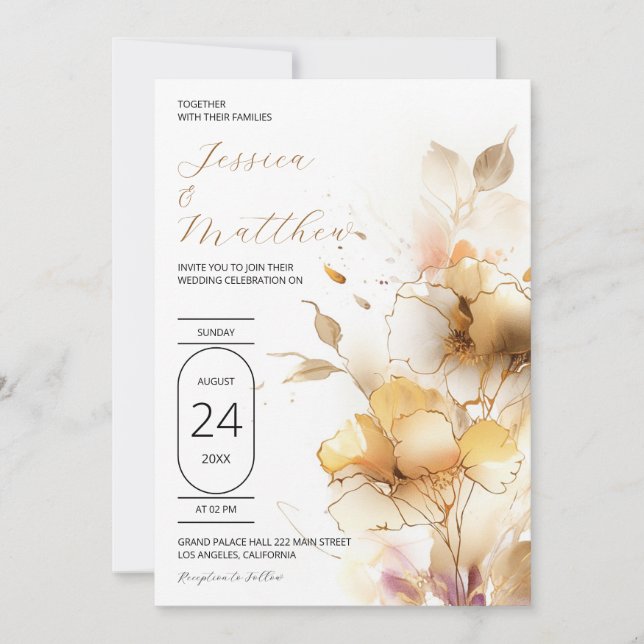 Invitación Bodas de flores blancas y doradas (Anverso)