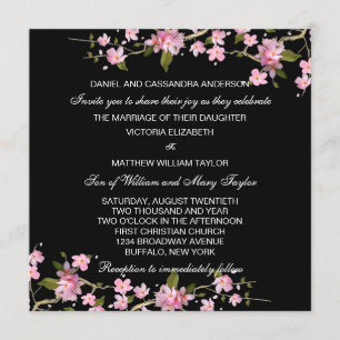 Invitación Bodas de flores de cerezo japonesas rosa negro