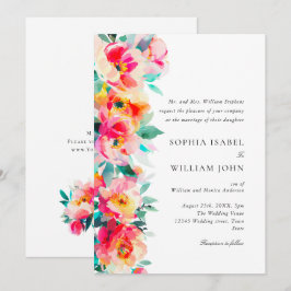 Invitación Bodas de flores naranjas rosa brillante acuarela