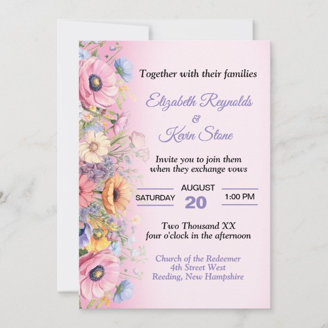 Invitación Bodas de Flores Pastel Hermosas (Anverso)