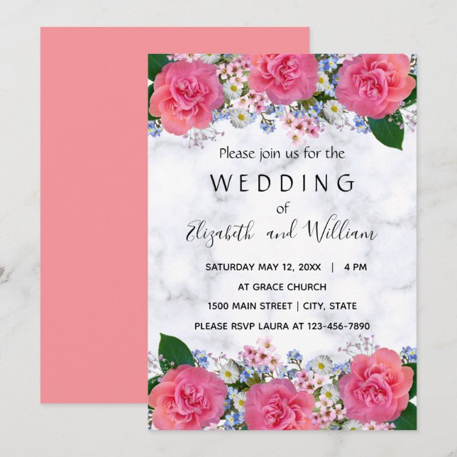 Invitación Bodas de flores rosadas reales lindas  (Anverso / Reverso)