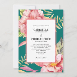 Invitación Bodas de flores rosadas y vegetación verde azulado