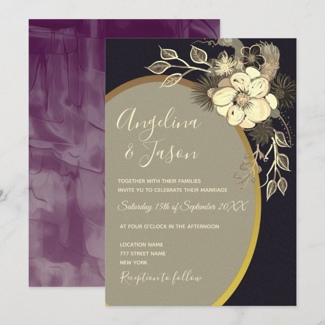 Invitación Bodas de flores silvestres doradas y negras (Anverso / Reverso)