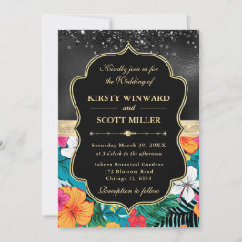 Invitación Bodas de Flores Tropicales Preppy Oro Negro