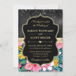 Invitación Bodas de Flores Tropicales Preppy Oro Negro