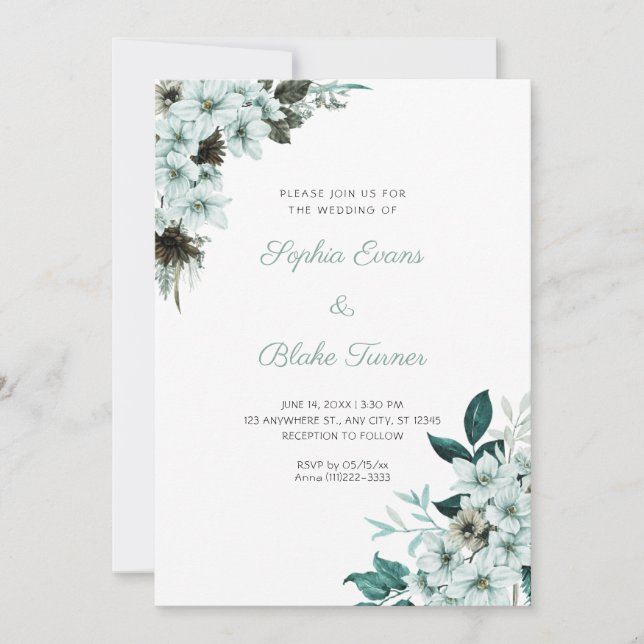 Invitación Bodas de Flores Verdes Rústicas Boho Blancas (Anverso)