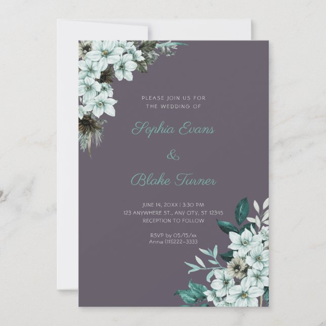 Invitación Bodas de Flores Verdes Rústicas Boho Fumadas Gris (Anverso)