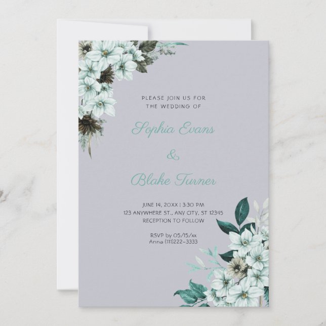 Invitación Bodas de Flores Verdes Rústicas Boho Gris Nube (Anverso)