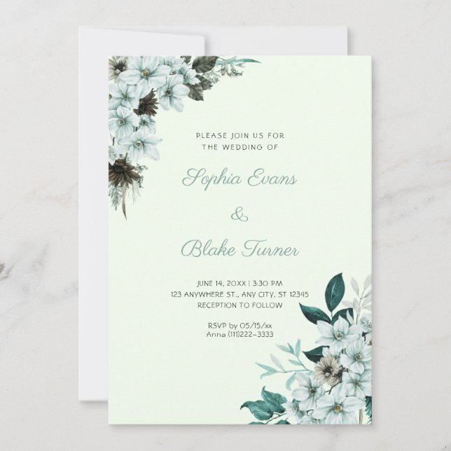 Invitación Bodas de Flores Verdes Rústicas Boho Verde Claro (Anverso)