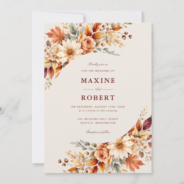 Invitación Bodas de Foto Código QR Botánico Hojas de Otoño (Anverso)