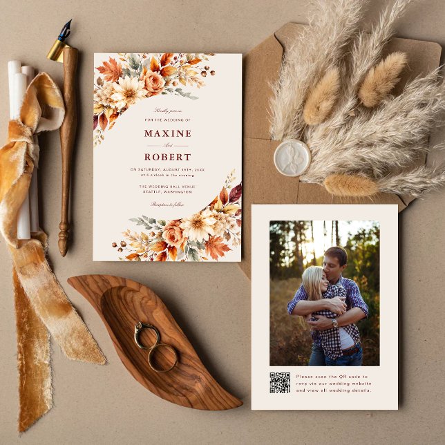 Invitación Bodas de Foto Código QR Botánico Hojas de Otoño (Fall leaves QR code photo invitation lets guests share in your autumn love story.)
