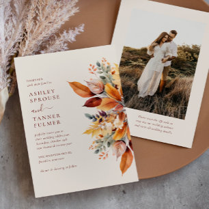 Invitación Bodas de Foto Código QR Otoño Hojas de Caída Elega