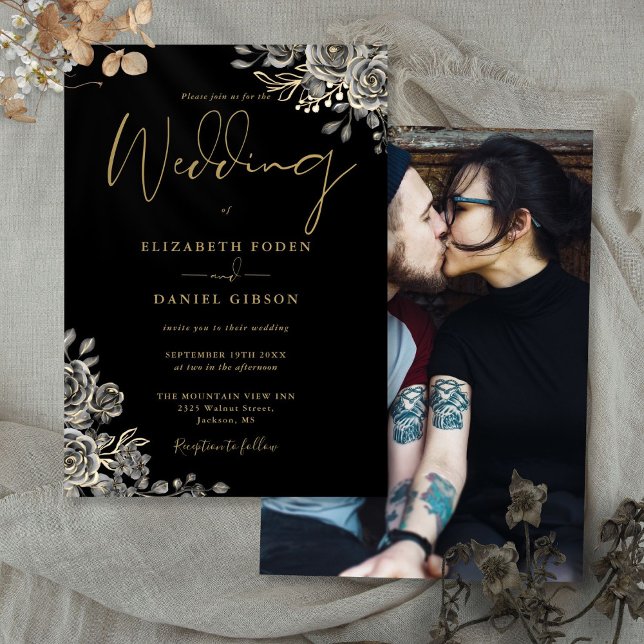 Invitación Bodas de Foto de Rosas Florales Góticas Negro y Do (Black And Gold Gothic Roses Floral Photo Wedding Invitation)