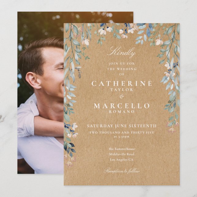 Invitación Bodas de Foto Floral de Flores Silvestres Rustic K (Anverso / Reverso)