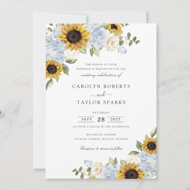 Invitación Bodas de girasoles flores azules polvorientas vege (Anverso)