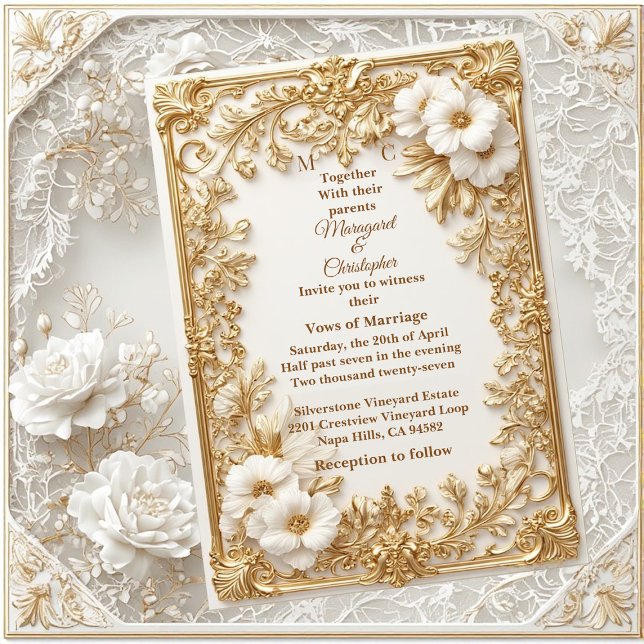Invitación Bodas de Grandeza Barroca Ornamentada con Tulipane (White Tulips Gold Ornate Baroque Grandeur Wedding Invitation)