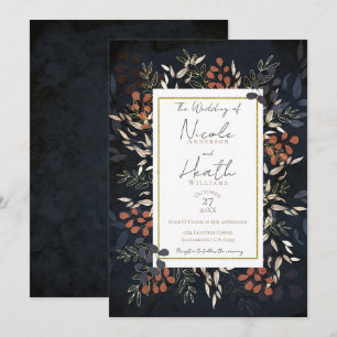 Invitación Bodas de Hojas Botánicas Doradas Moody Blue