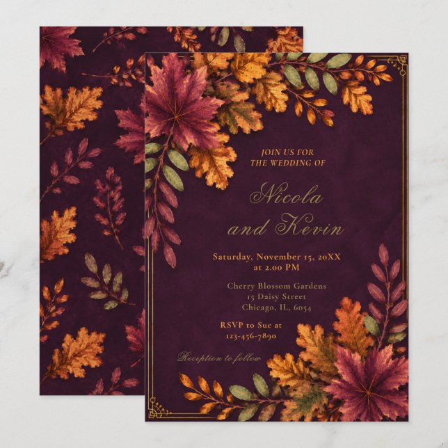 Invitación Bodas de Hojas de Otoño Ciruela Profunda (Anverso / Reverso)