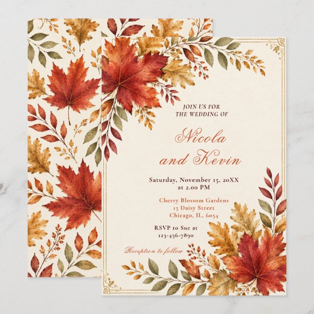 Invitación Bodas de Hojas de Otoño Crema (Anverso / Reverso)