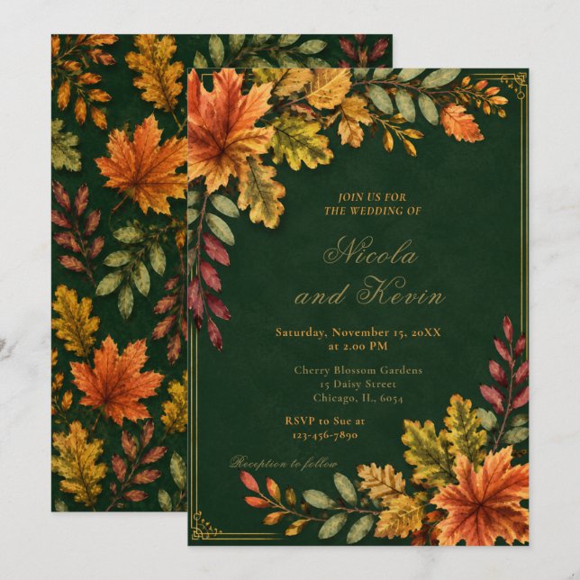 Invitación Bodas de hojas de otoño en verde bosque (Anverso / Reverso)