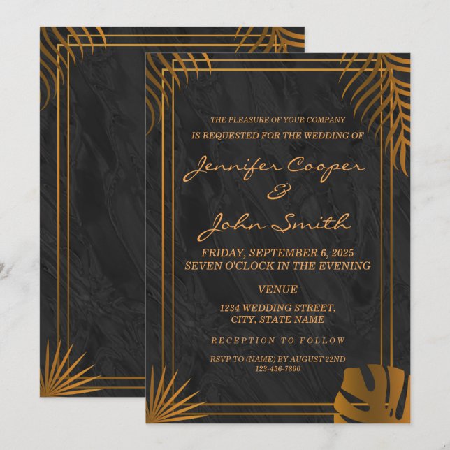 Invitación Bodas de hojas doradas y marco geométrico de moda (Anverso / Reverso)