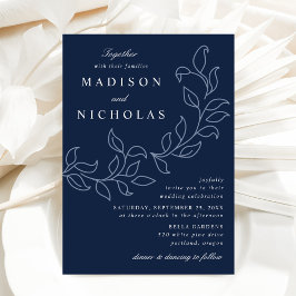 Invitación Bodas de hojas en cascada azul marino