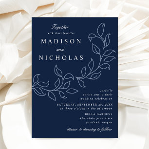 Invitación Bodas de hojas en cascada azul marino