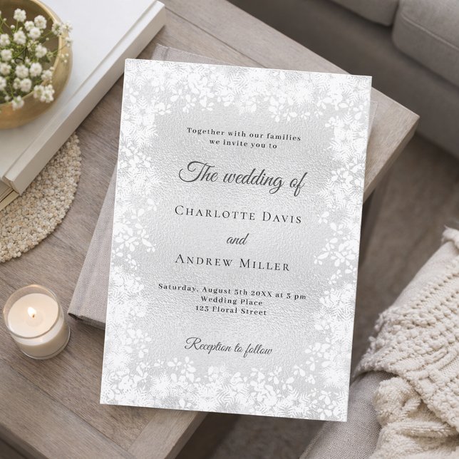 Invitación Bodas de invierno con copos de nieve plateados (Subido por el creador)