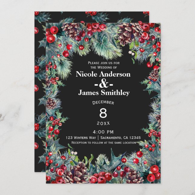 Invitación Bodas de Invierno Oscuras Berries y Cones de Pino (Anverso / Reverso)