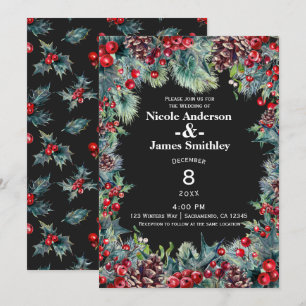 Invitación Bodas de Invierno Oscuro Bayas y Piñas de las Fies