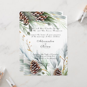 Invitación Bodas de Invierno Piñas Nieve Ramas de Pino  
