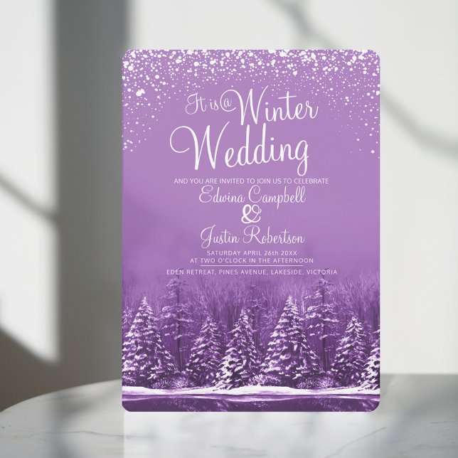 Invitación Bodas de invierno pinos lago arte púrpura (Subido por el creador)