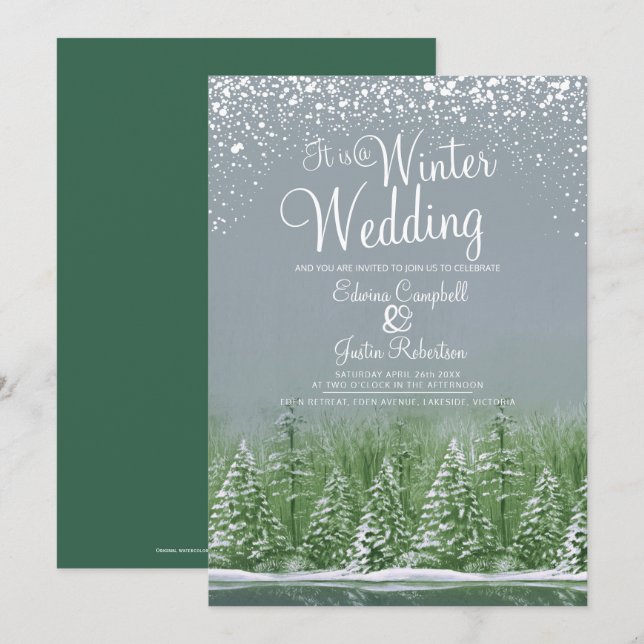 Invitación Bodas de invierno pinos lago arte verde gris (Anverso / Reverso)