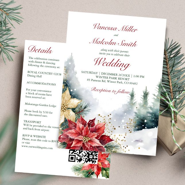 Invitación Bodas de invierno poinsettia pino todo en una sola (Winter wedding watercolor poinsettia snowy pines all in one template invitation digital download)