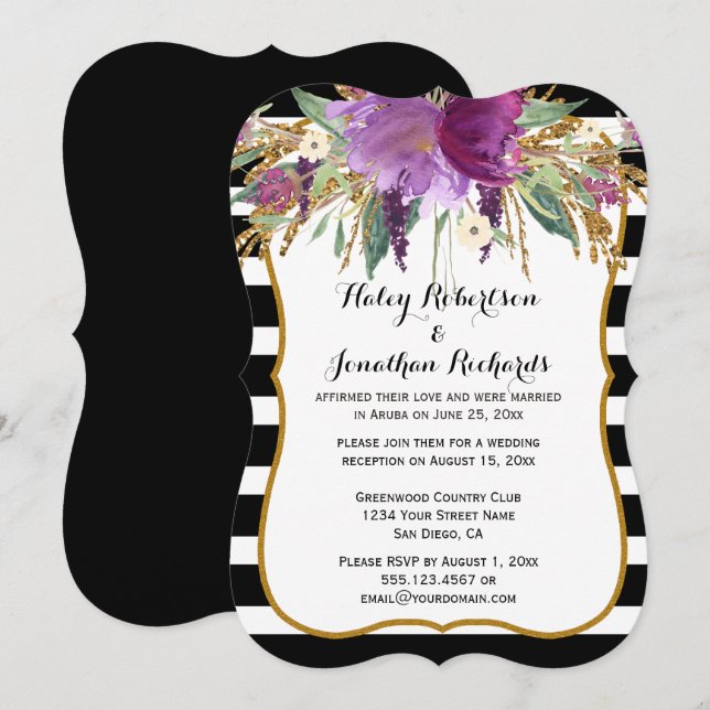 Invitación Bodas de las Flores Acuáticas de Oro Morado Ametis (Anverso / Reverso)