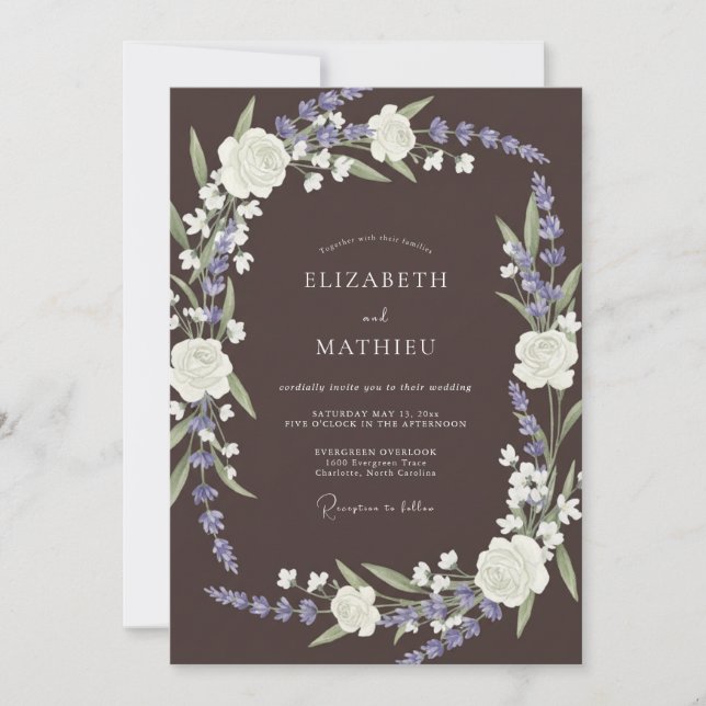 Invitación Bodas de Lavanda Pintoresca de Chocolate Marrón (Anverso)